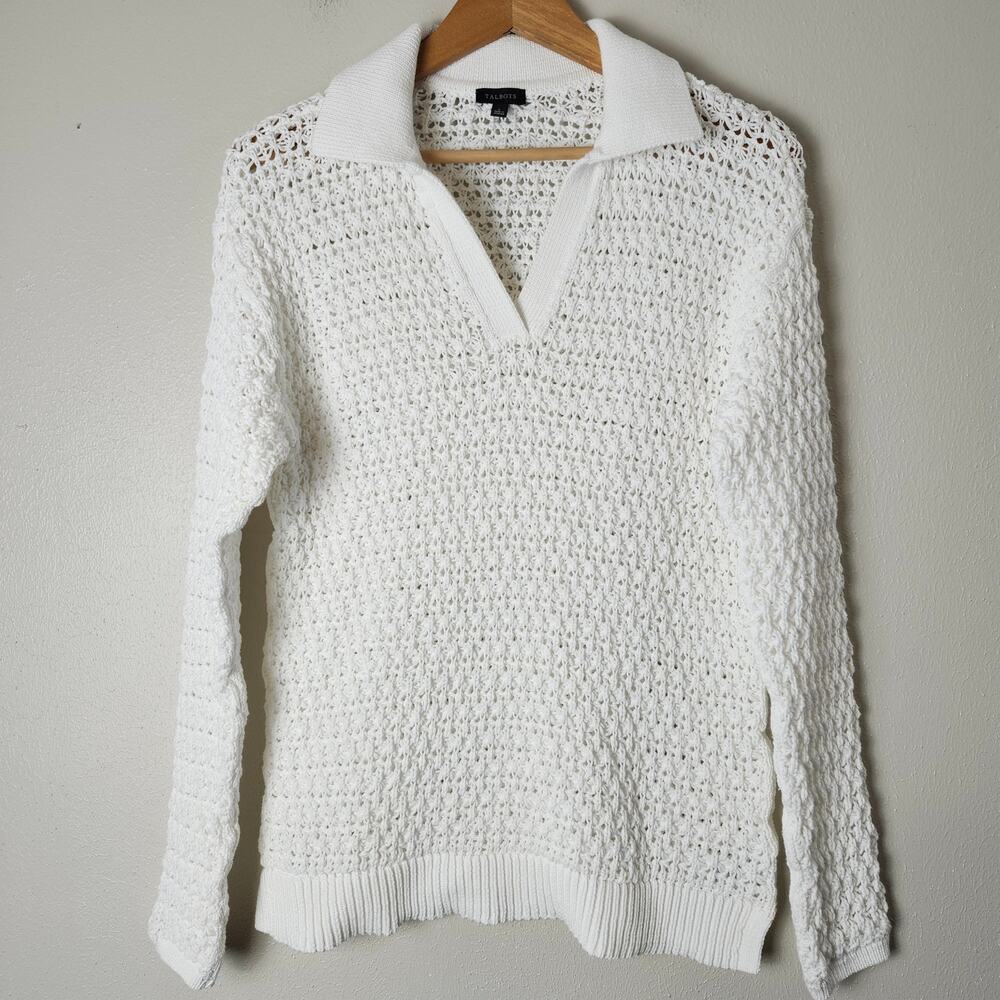 Talbots Women's Open Weave White Johnny Collar Sweater Small Pullover Crochet